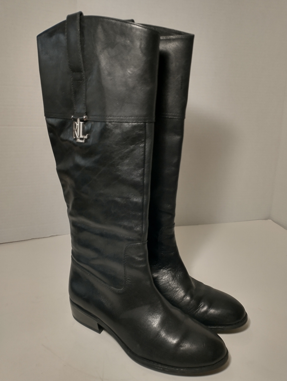 Ralph Lauren Black Leather Tall Riding Boots with RL Charm, Merrie, Size 6B